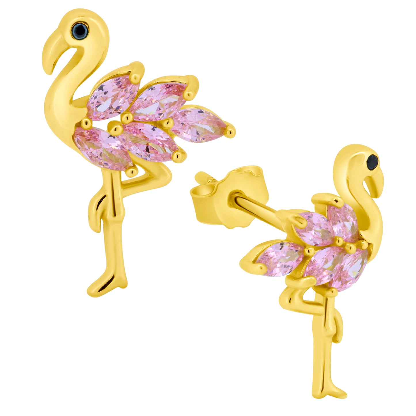 Flamingo Earrings Studs, Sterling Silver CZ Bird Jewelry, Tropical Flair, Push Backing