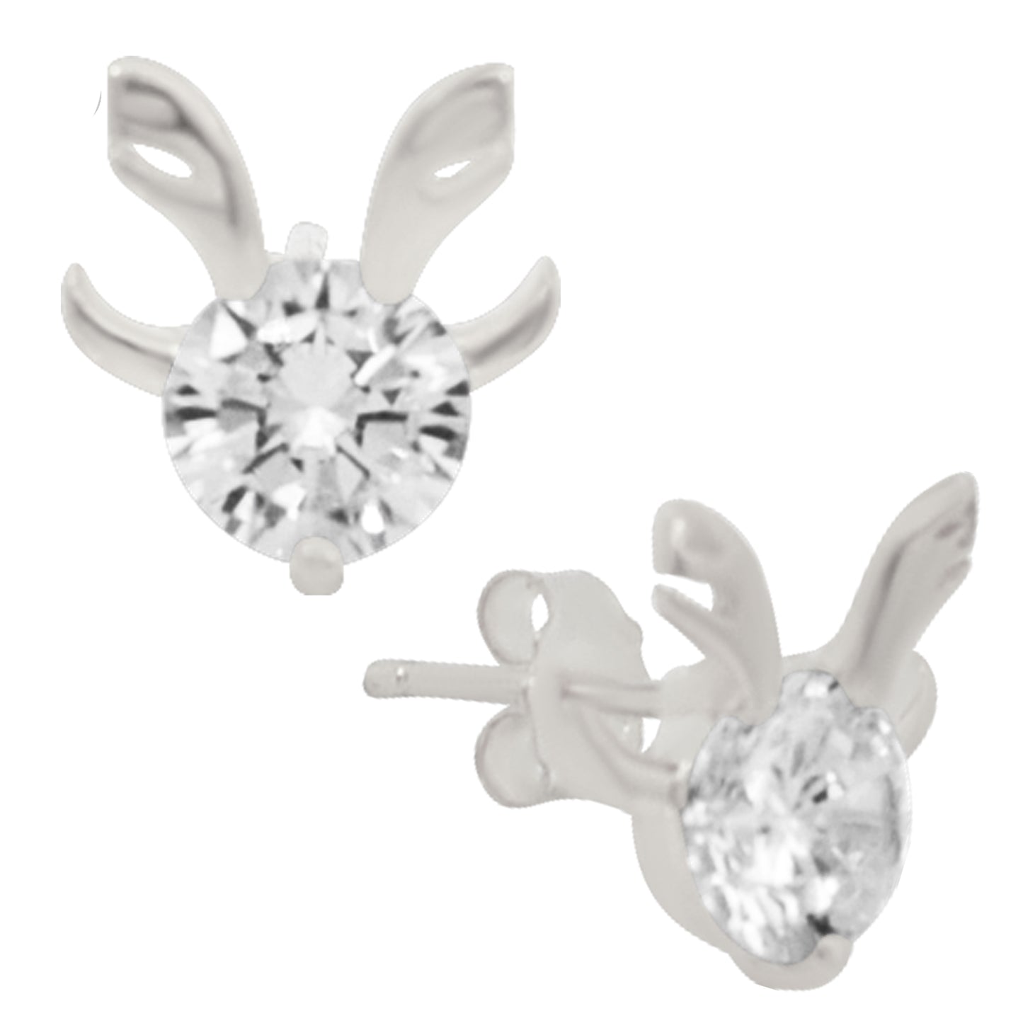 925 Sterling Silver Reindeer Earrings, Cubic Zirconia Studs, Push Backing, Silver Animal Jewelry