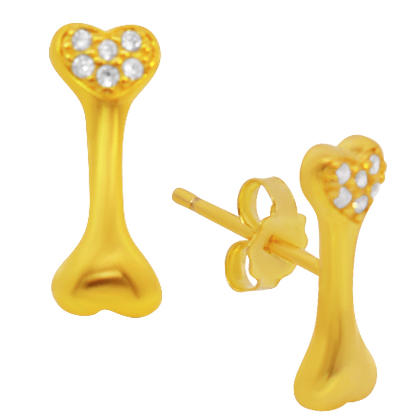 925 Sterling Silver Dog Bone Stud Earrings, CZ Heart, Push Back, Pet Lover Jewelry