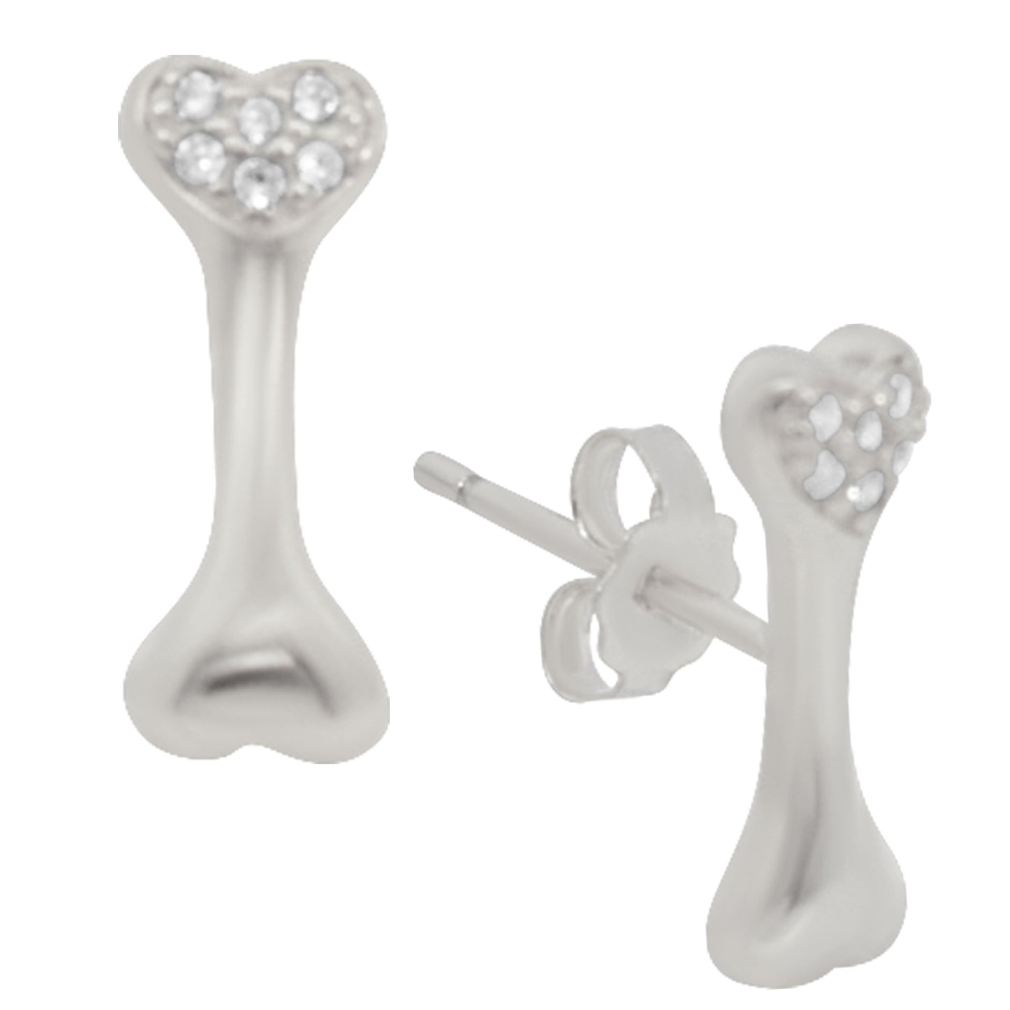925 Sterling Silver Dog Bone Stud Earrings, CZ Heart, Push Back, Pet Lover Jewelry