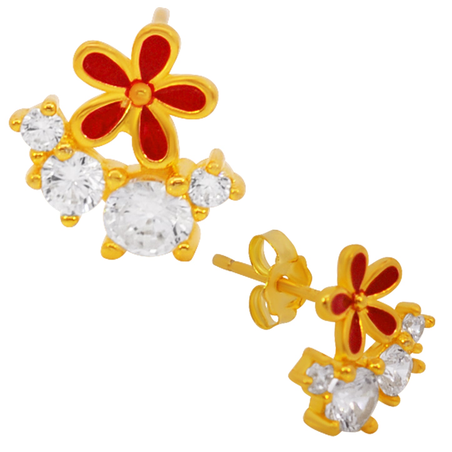 Red Flower CZ Stud Earrings, Sterling Silver Backing, Cubic Zirconia Jewelry, Women's Gift