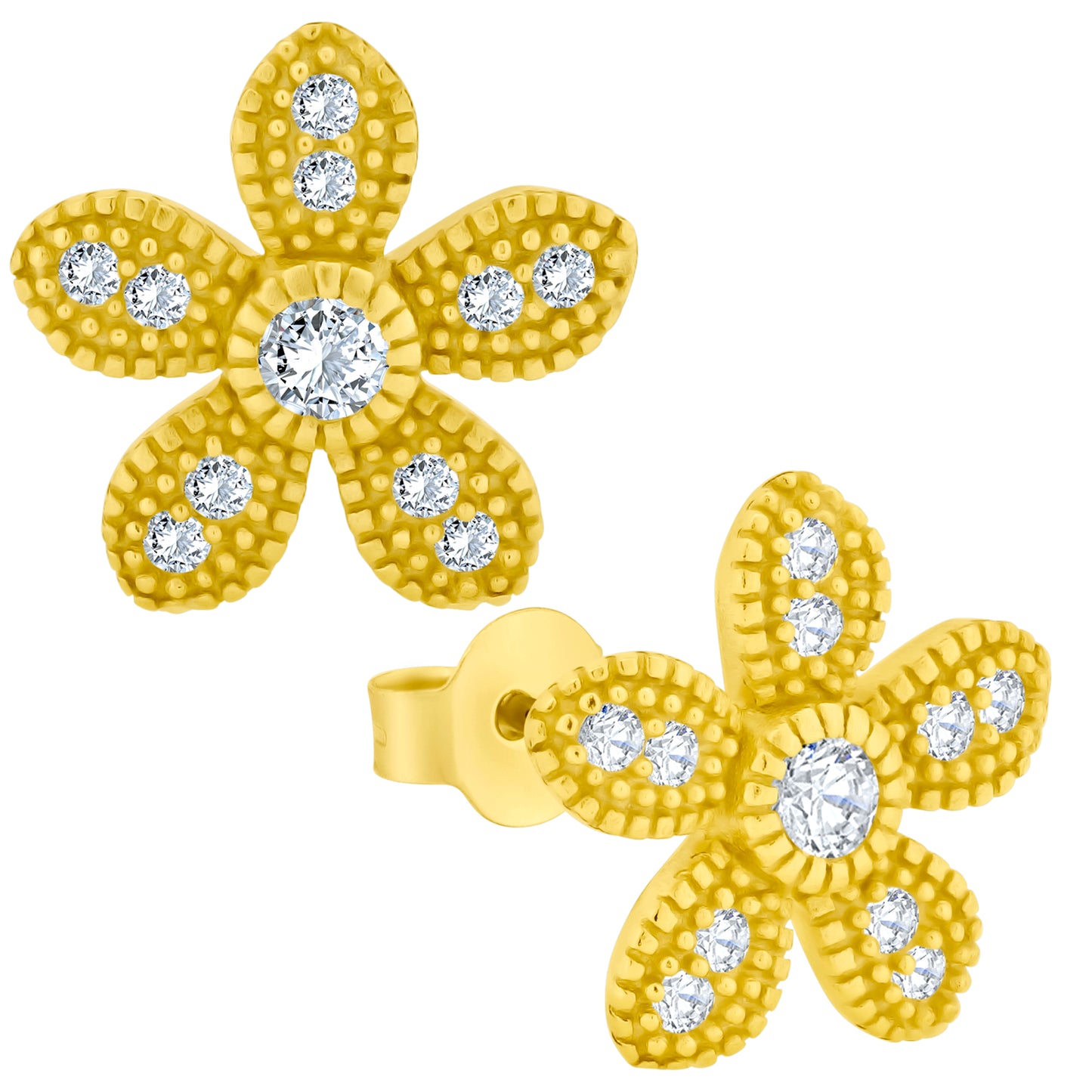 925 Sterling Silver Flower Design Earrings, Cubic Zirconia Studs, Push Backing, Sparkling Jewelry