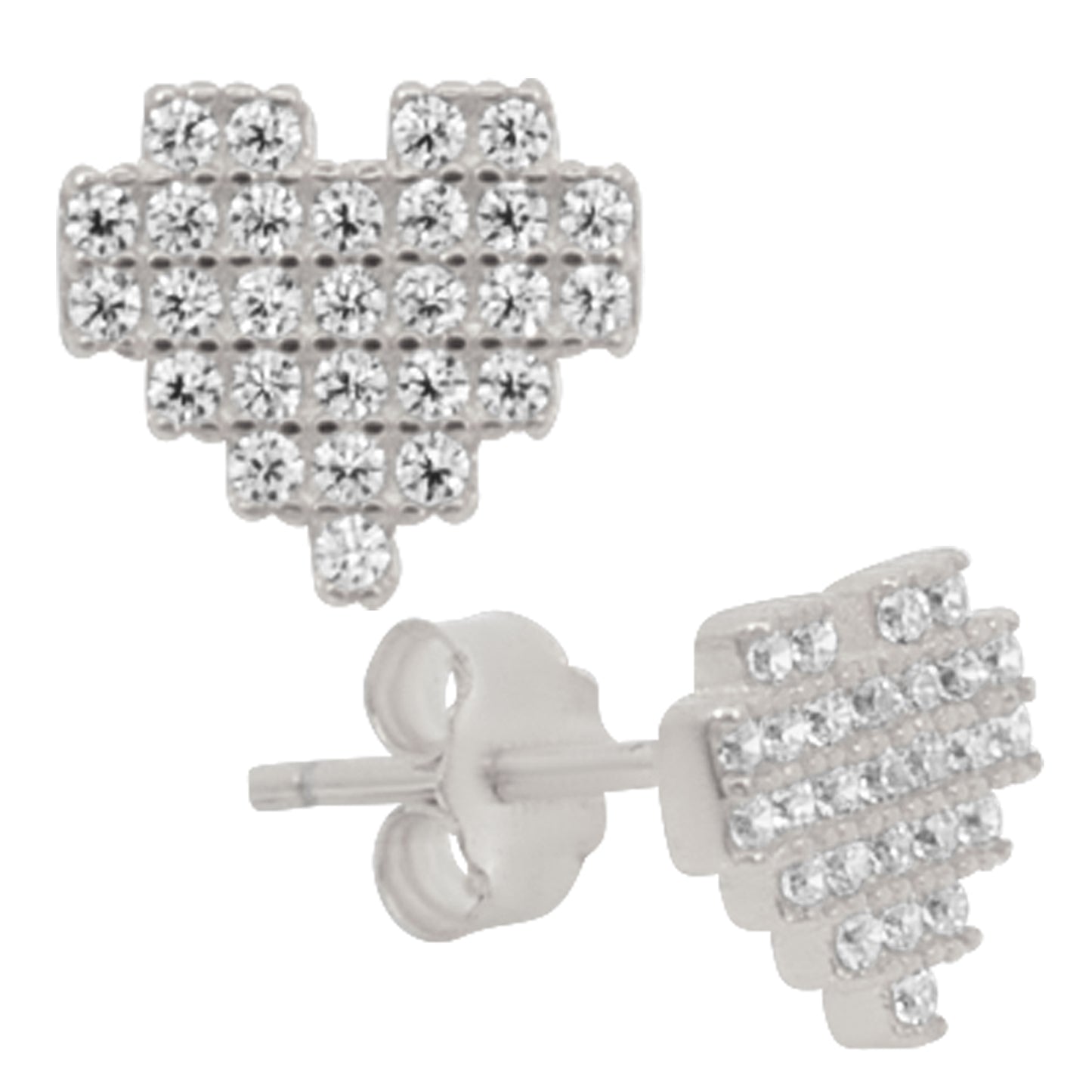 925 Sterling Silver Pixelated Heart with Multi Colored Cubic Zirconia Earrings Stud Push Backing