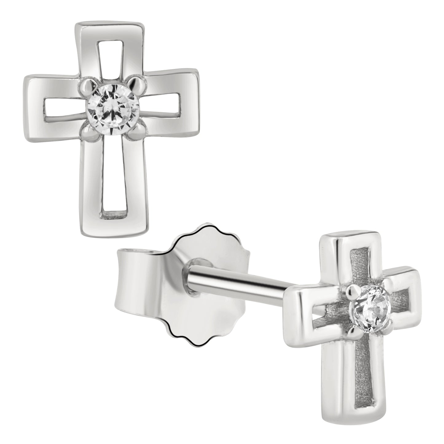 Hollow Cross CZ Earrings, Sterling Silver Dangles, Push Backing, Religious Jewelry