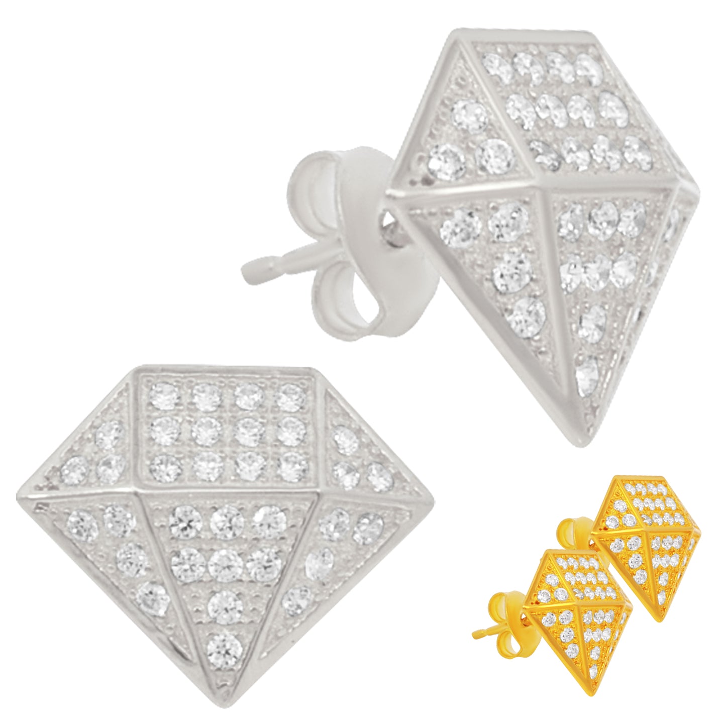 Push Back Sterling Silver Earrings, Diamond Shaped Design, CZ Studs, Cubic Zirconia