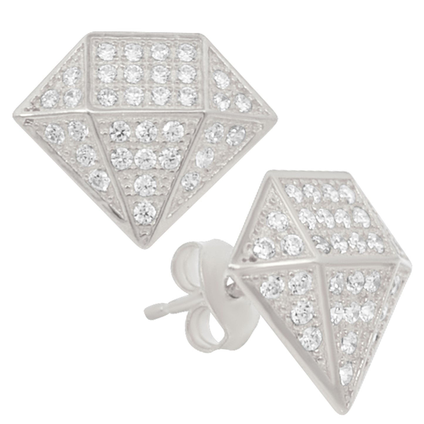 Push Back Sterling Silver Earrings, Diamond Shaped Design, CZ Studs, Cubic Zirconia