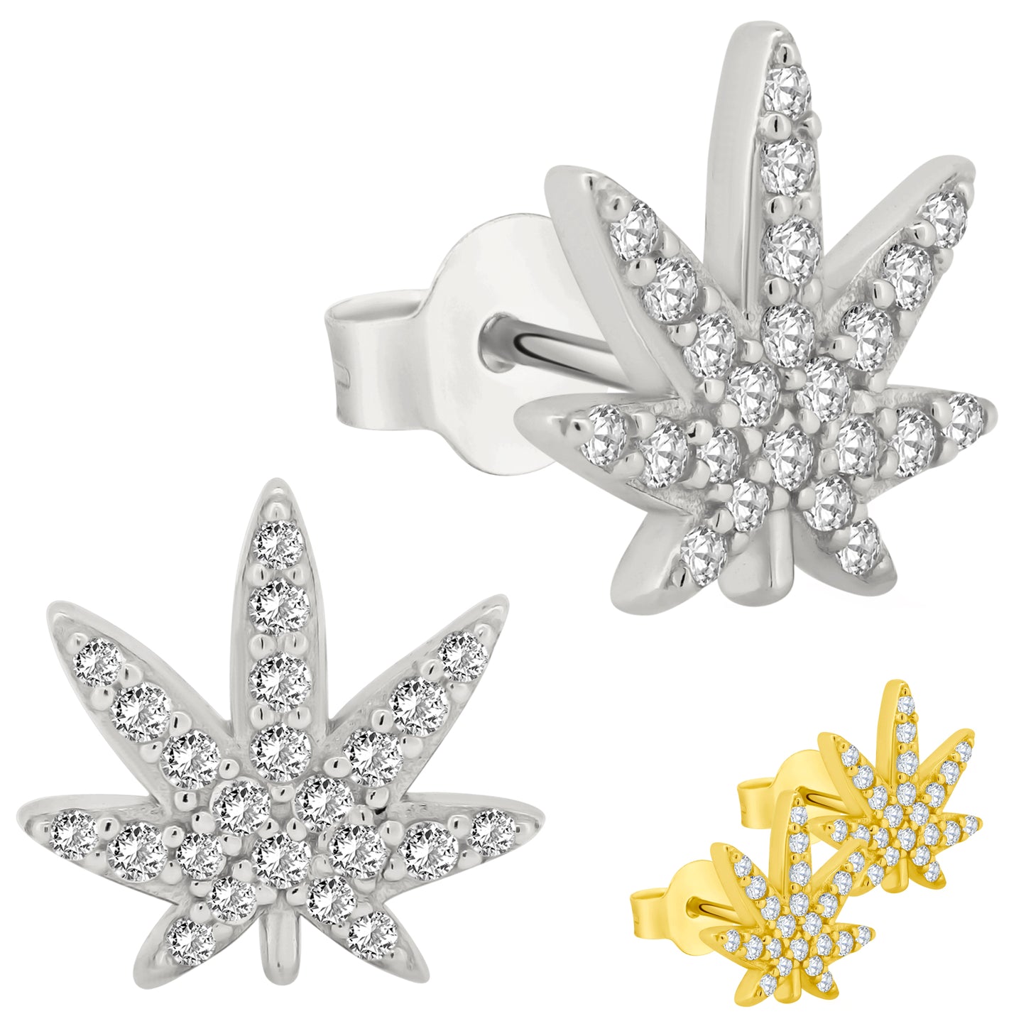 Sterling Silver Marijuana Leaf CZ Earrings, Push Backs, 925 Silver, Leaf Design, Cannabis Jewelry