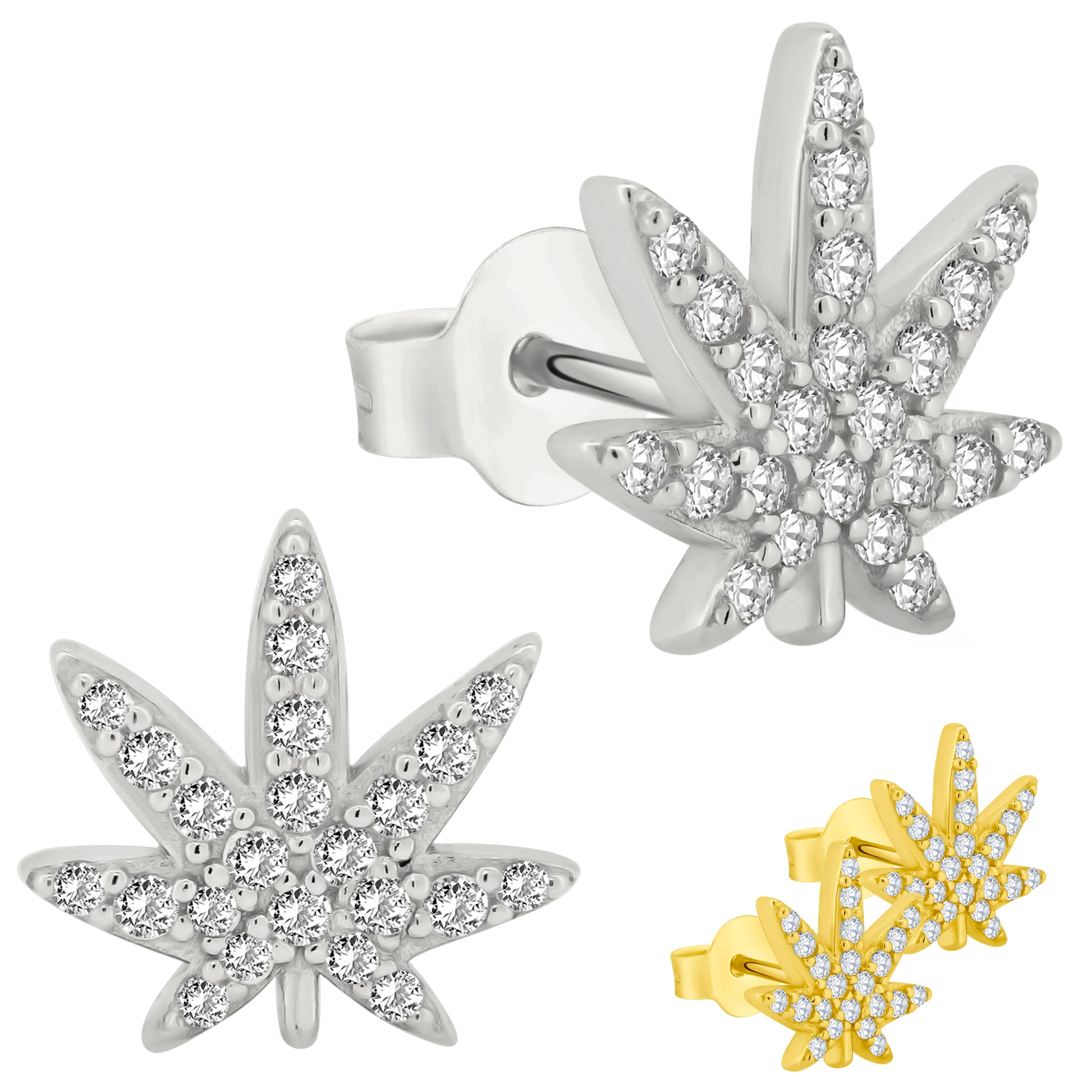 Sterling Silver Marijuana Leaf CZ Earrings, Push Backs, 925 Silver, Leaf Design, Cannabis Jewelry