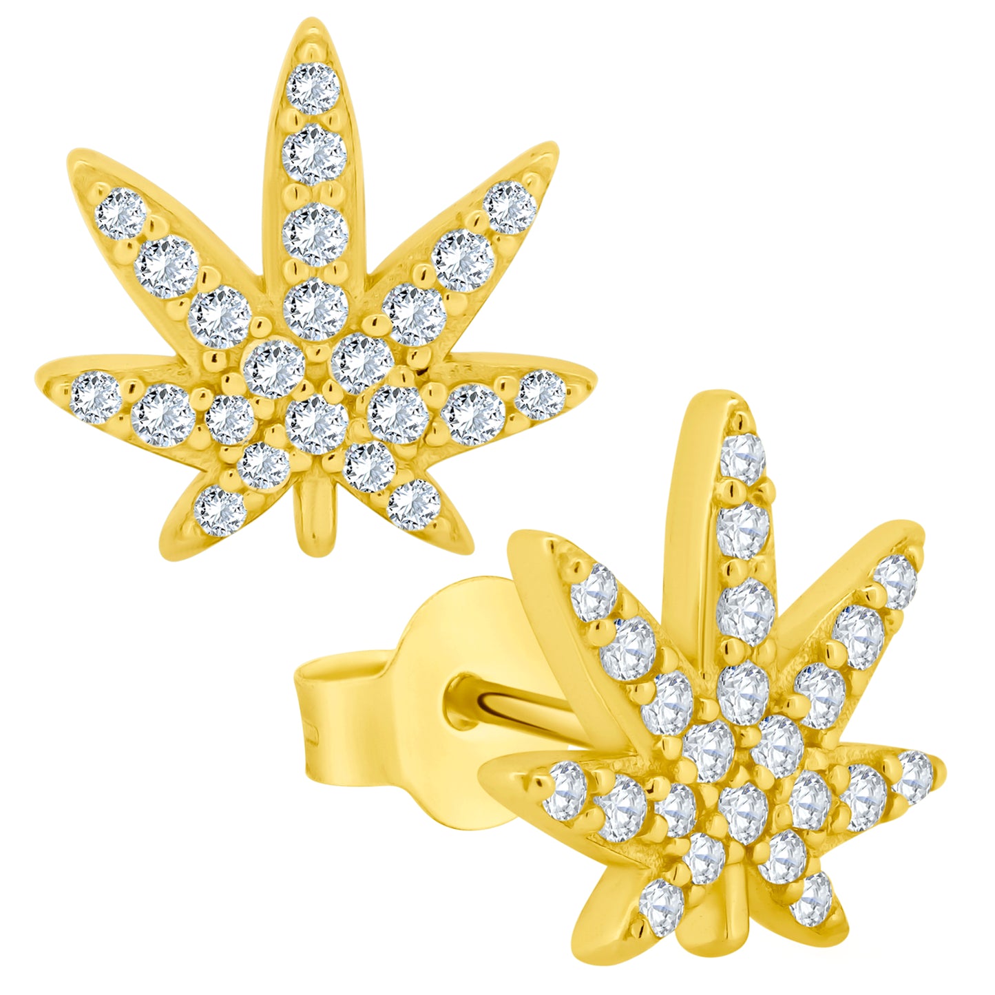 Sterling Silver Marijuana Leaf CZ Earrings, Push Backs, 925 Silver, Leaf Design, Cannabis Jewelry