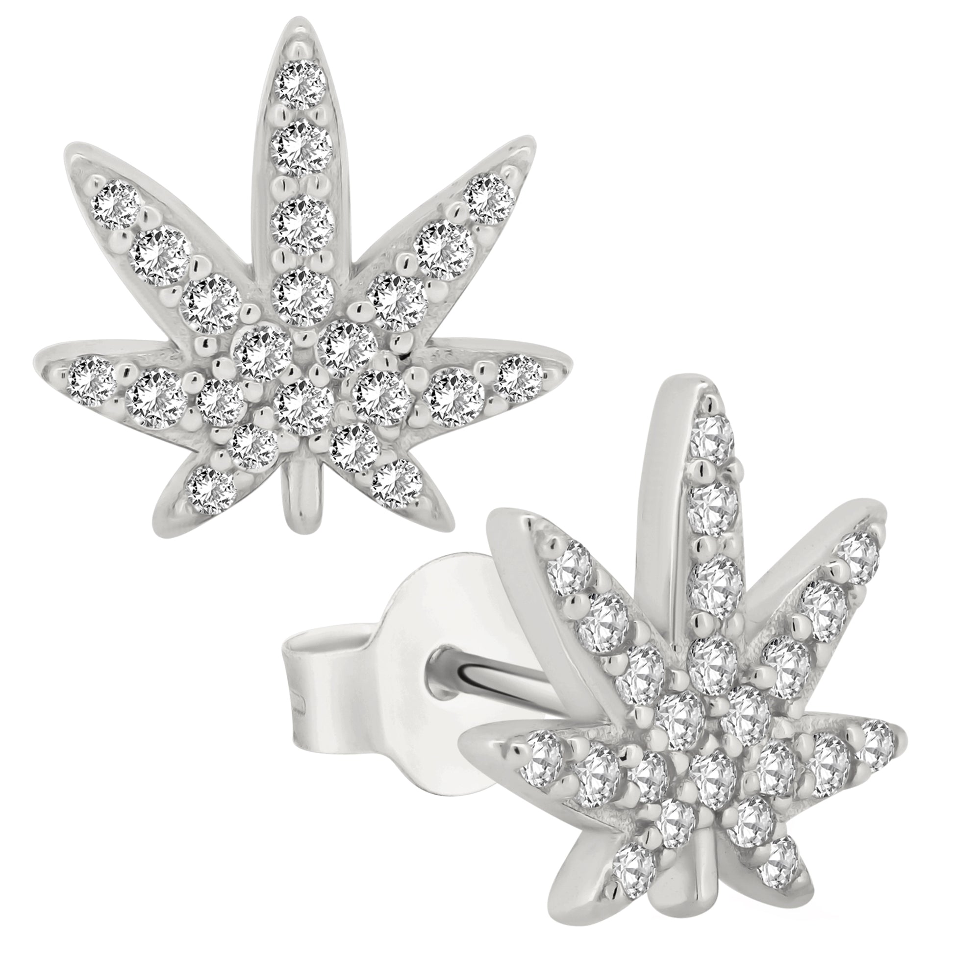 Sterling Silver Marijuana Leaf CZ Earrings, Push Backs, 925 Silver, Leaf Design, Cannabis Jewelry