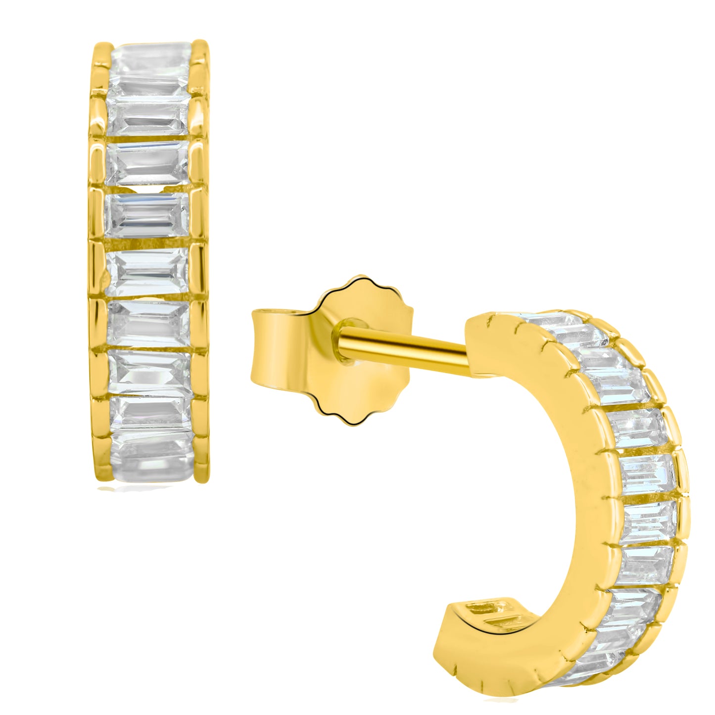 Baguette CZ Stud Earrings, Sterling Silver Half Hoop, Push Backing, Sparkling Jewelry, Dainty Earrings