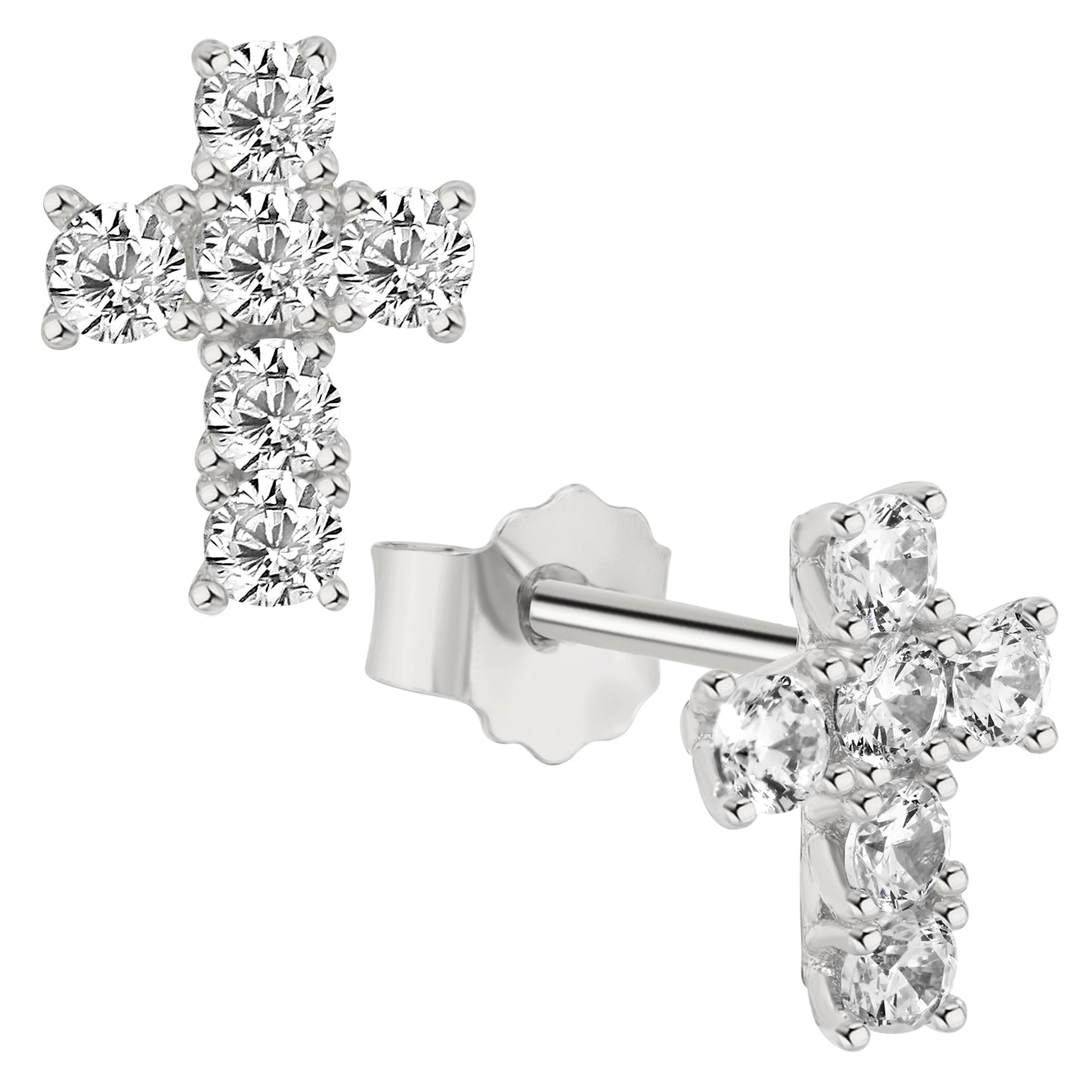 925 Sterling Silver Cross Earring with CZ, Religious Jewelry, Push Backin