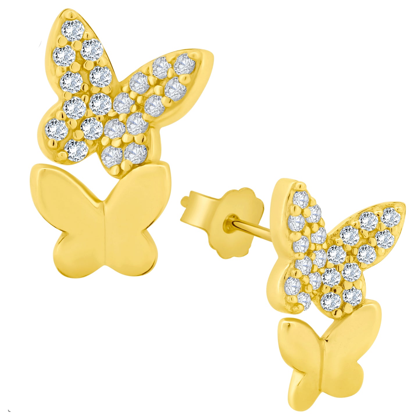Cubic Zirconia Butterfly Earrings, 925 Sterling Silver, Double Design, Push Backing, Shimmering Accents