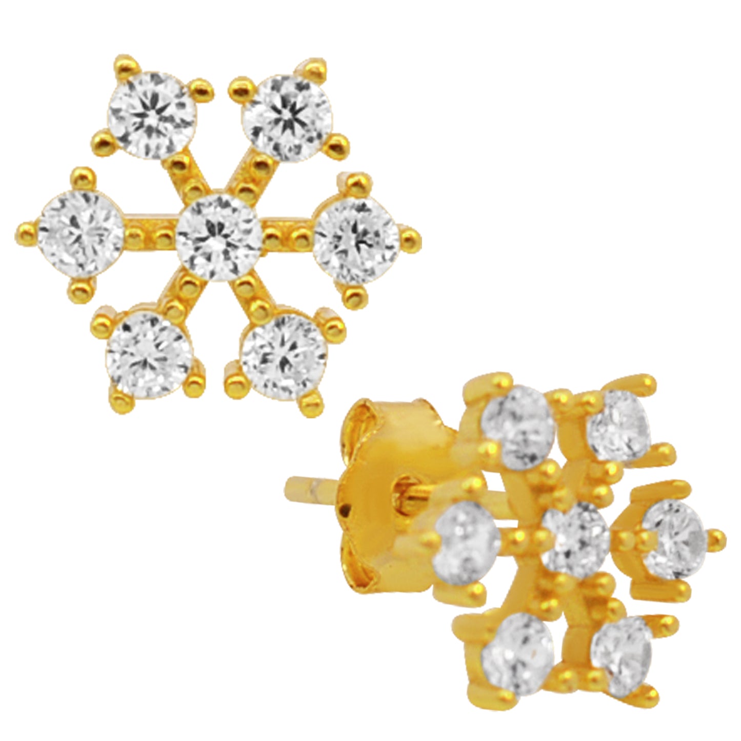 Weather Inspired Sterling Silver Snowflake Earrings with Cubic Zirconia Push Backs
