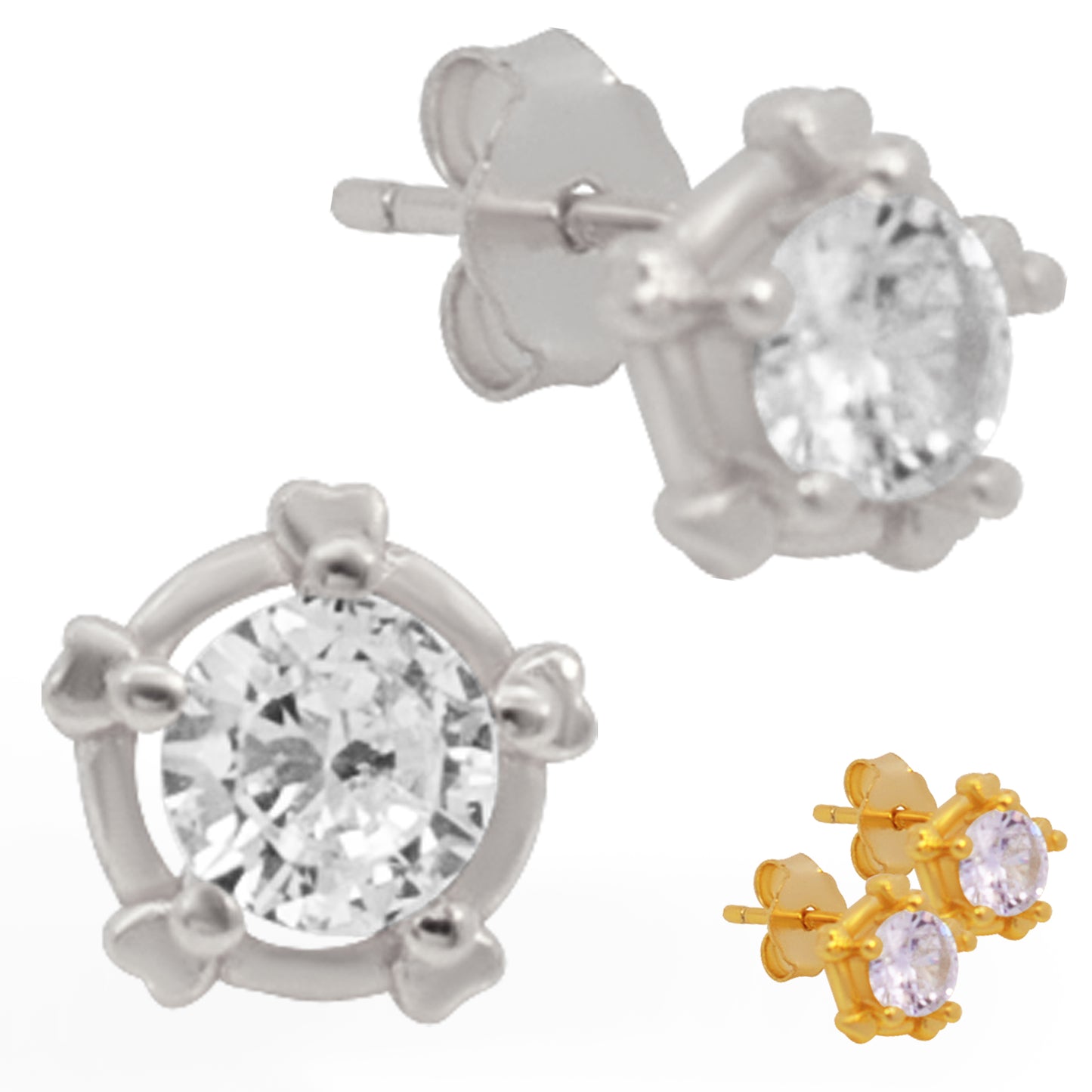 CZ Stud Earrings with Sterling Silver Round Wheel Prong Setting, Push Backing, Sparkling Jewelry