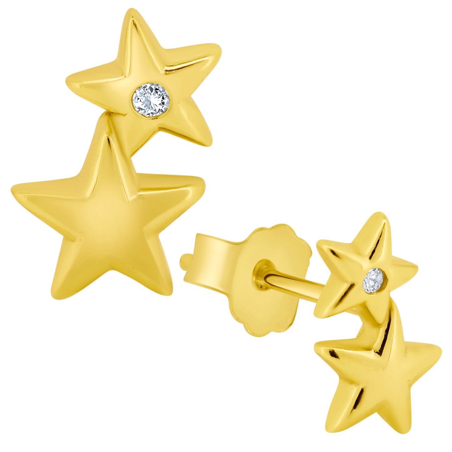 Shining Double Star Earrings, Sterling Silver 925, Cubic Zirconia Studs, 4x7mm, Push Backing, Sparkling Style