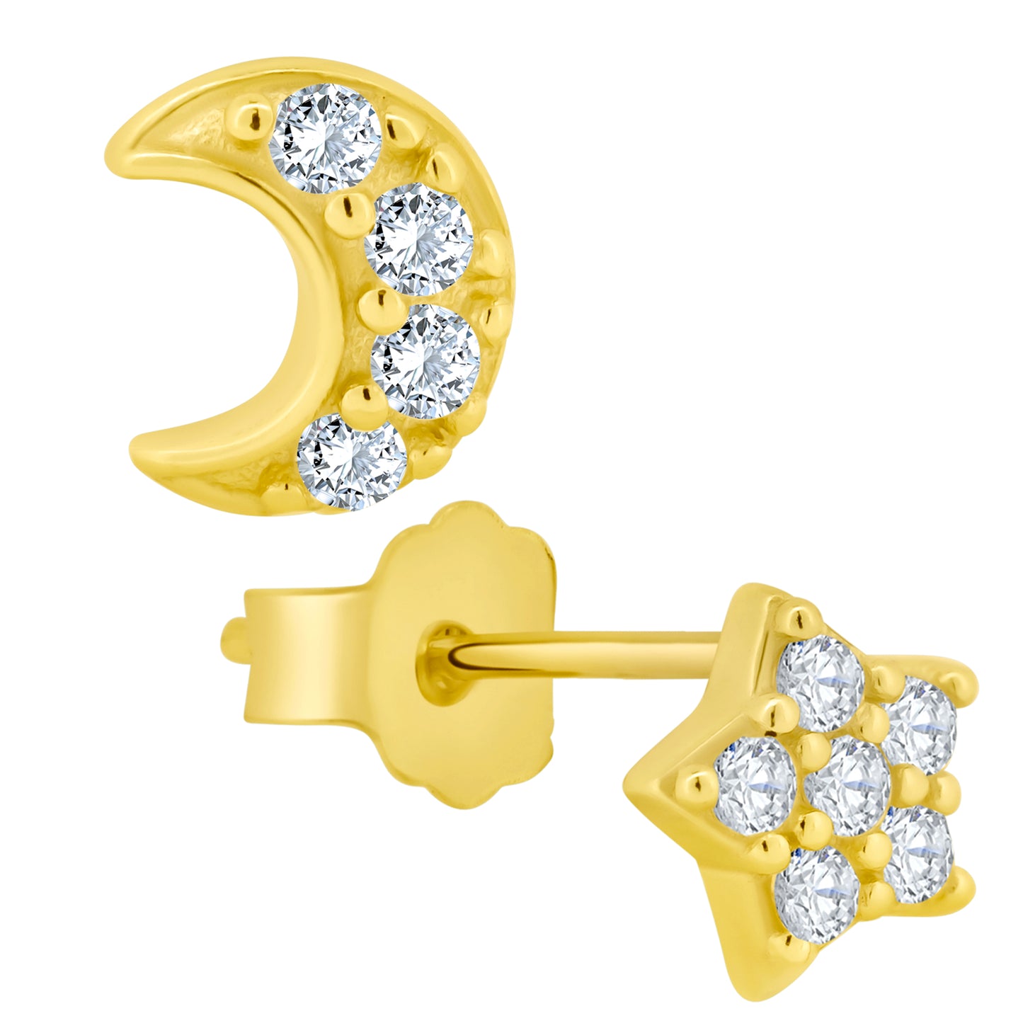 CZ Moon and Star Earrings, 925 Sterling Silver Studs, Push Backs, Celestial Jewelry, Elegant Design