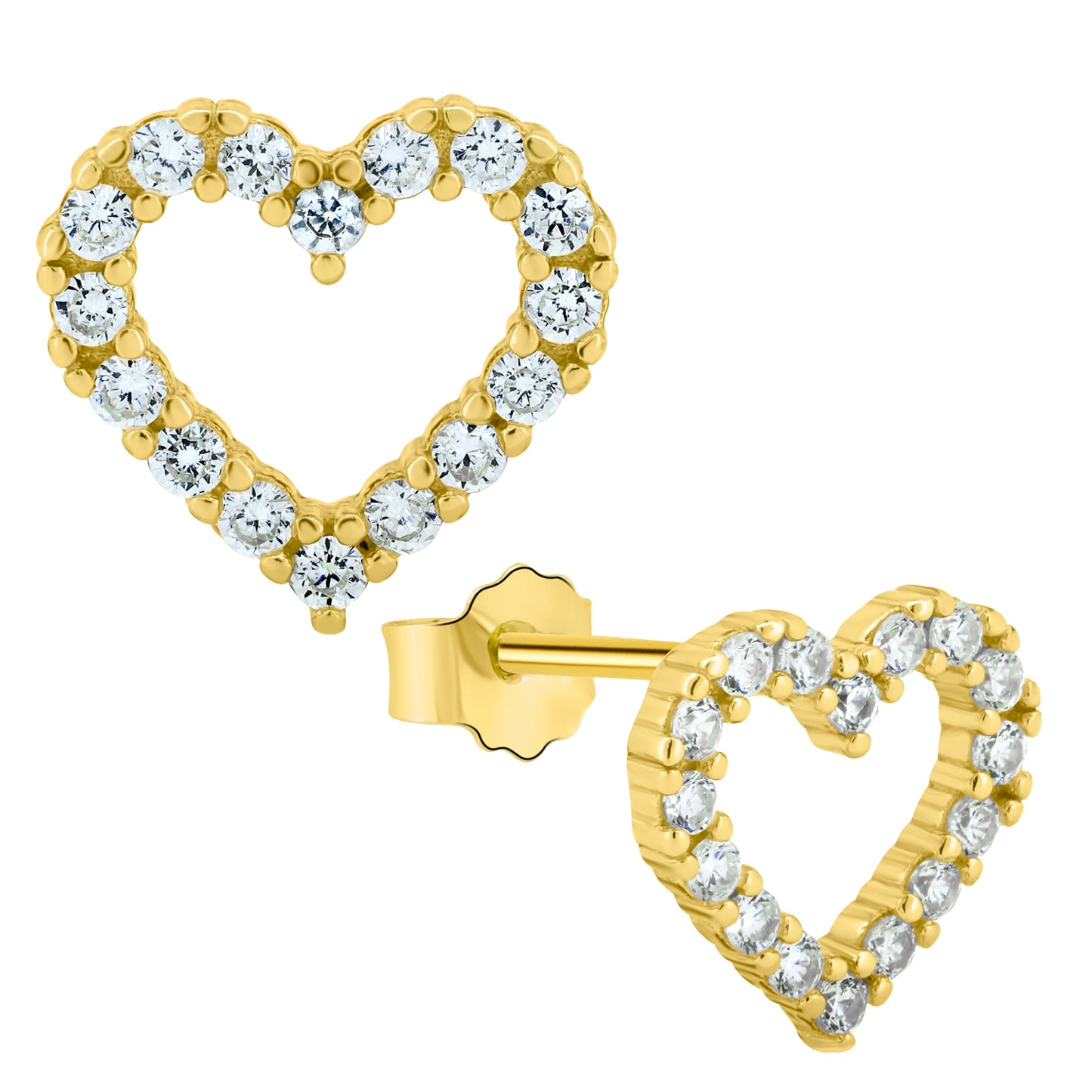 Heart Stud Earrings, Silver CZ Hollow Heart Studs, Push Backing, Sterling Silver Earrings, Valentine's Day Gift