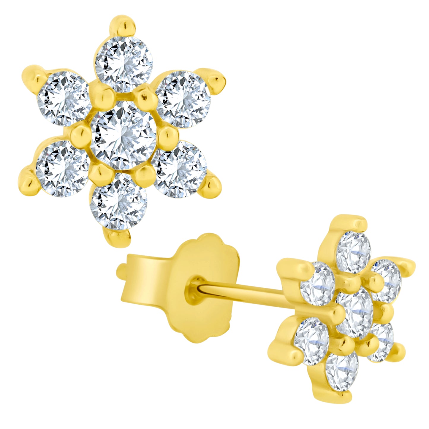 925 Silver Flower Earrings, Cubic Zirconia Studs, Push Backing, Petal Prong, Floral Jewelry