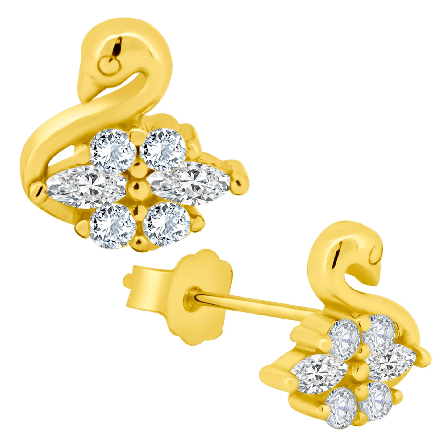 Cubic Zirconia Swan Earrings, Sterling Silver Studs, Push Backing, Elegant Swan Design, Gift For Her