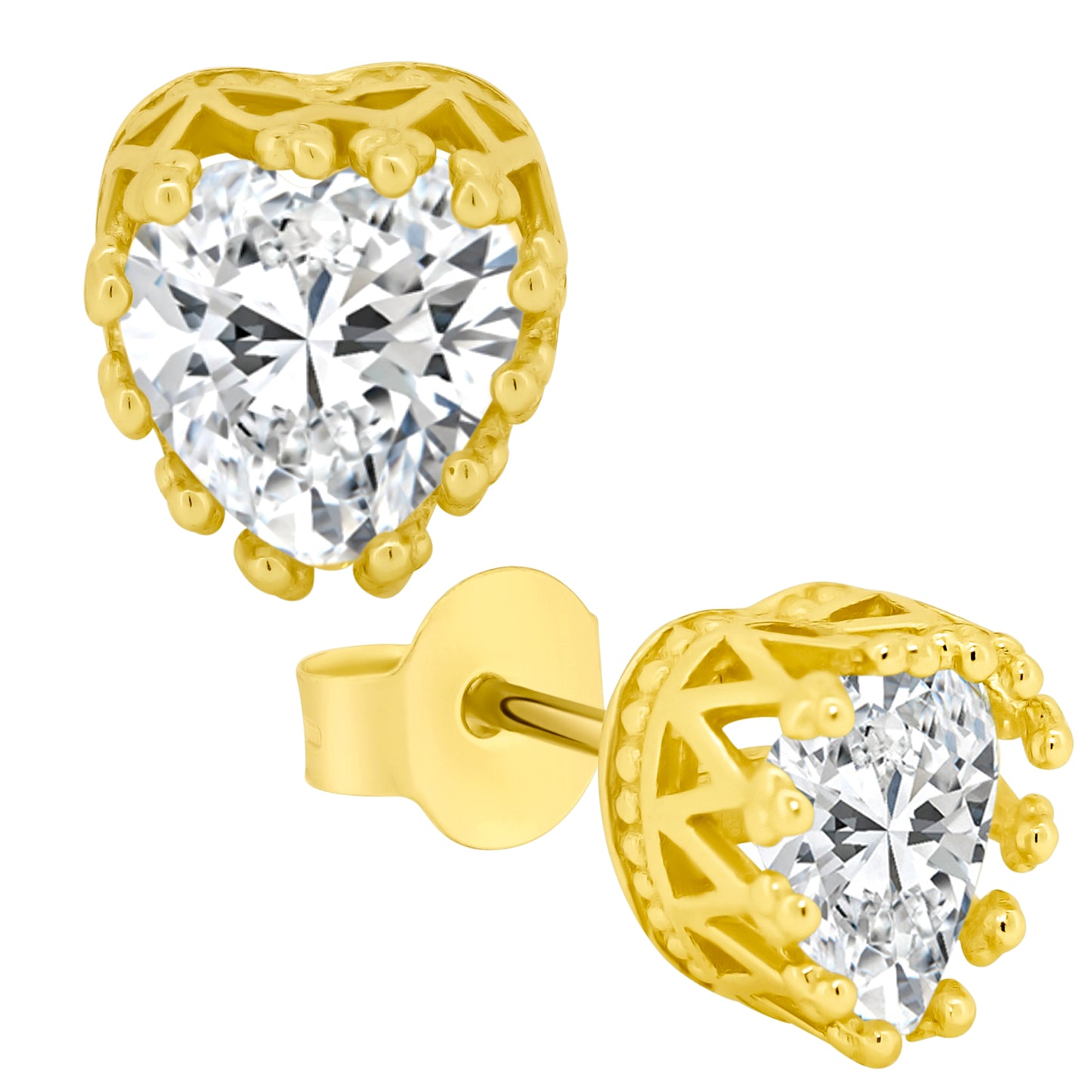 925 Silver Heart Crown CZ Stud Earrings, Cubic Zirconia Prong Backs, Romantic Jewelry