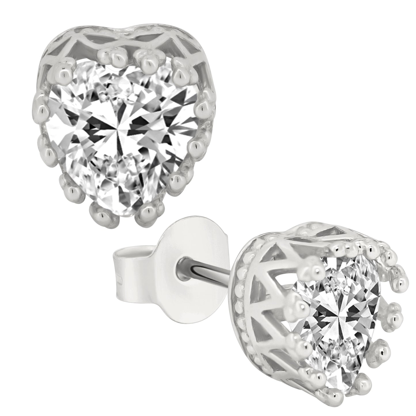 925 Silver Heart Crown CZ Stud Earrings, Cubic Zirconia Prong Backs, Romantic Jewelry