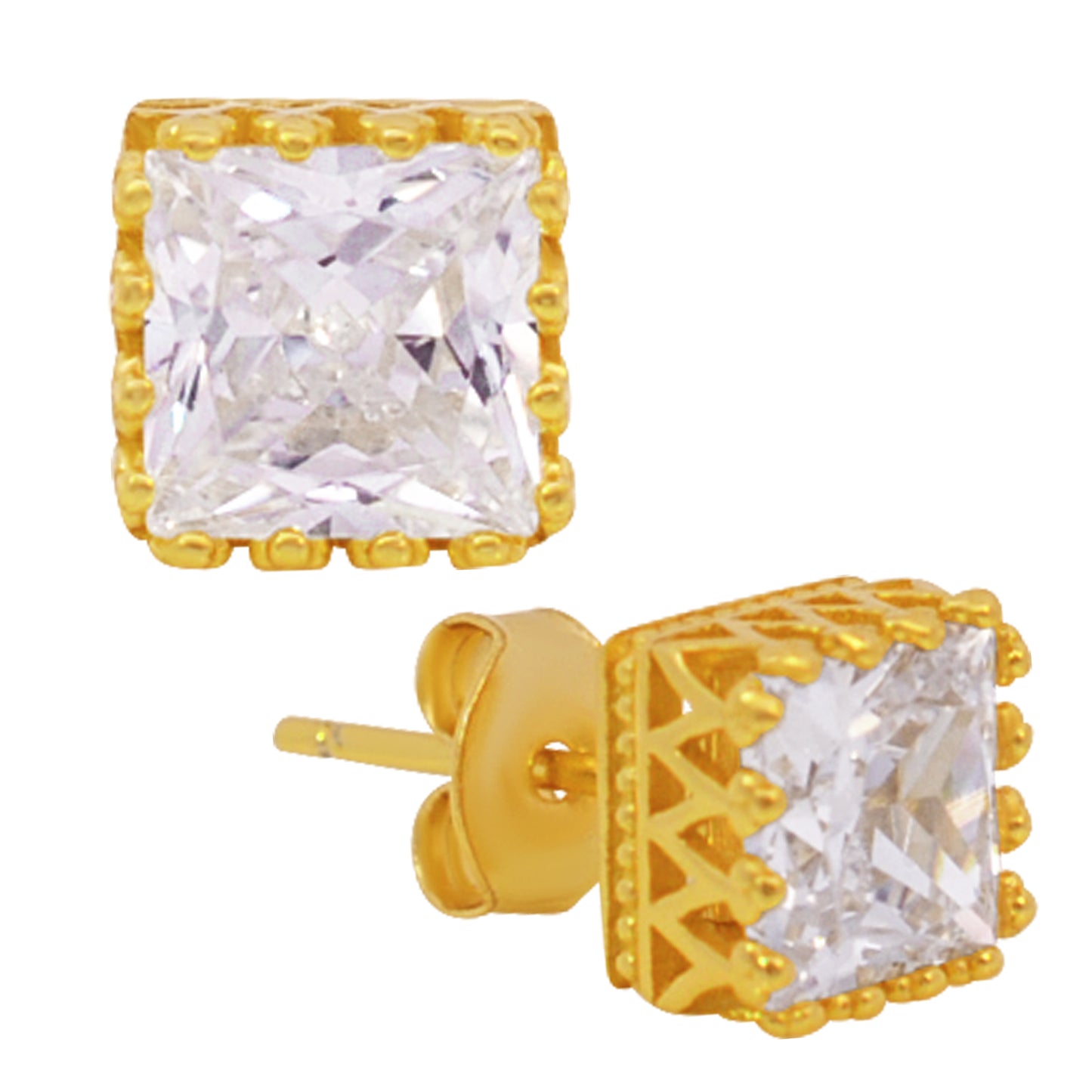 Square Princess Cut Crown Earrings, 925 Sterling Silver Studs, Cubic Zirconia Backings