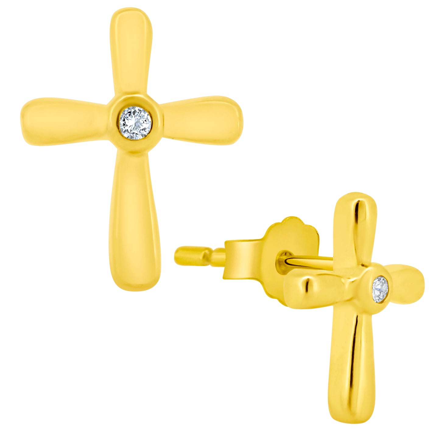 Sterling Silver CZ Stud Earrings, Cross Design, Bezel Setting, Push Backs, Sparkling Accents