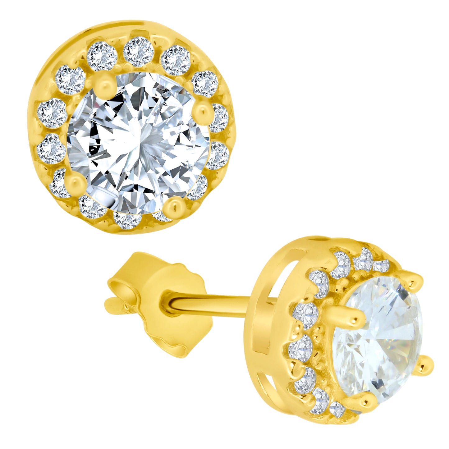 925 Sterling Silver Round Design with Cubic Zirconia Earrings Stud Push Backing