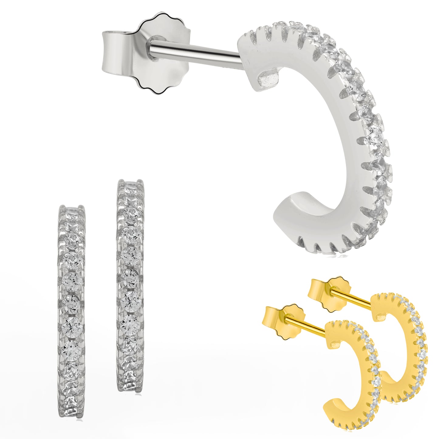 925 Sterling Silver Hoops with Cubic Zirconia Earrings Stud Push Backing