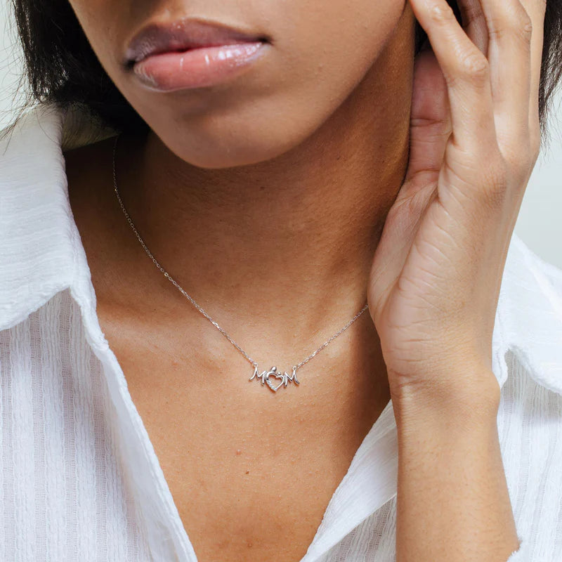 925 Sterling Silver Mom Heart Clear CZ Pendant Necklace