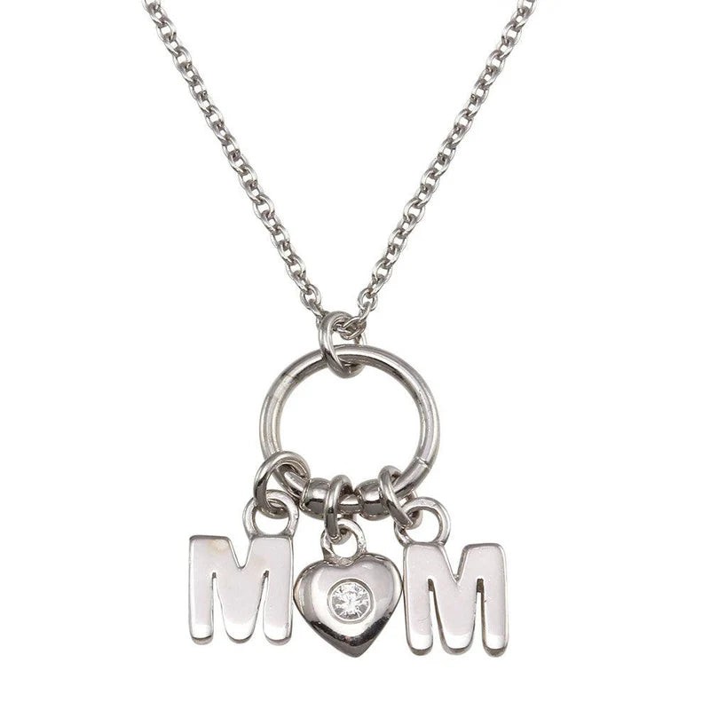 925 Sterling Silver Mom Heart with Single CZ Pendant Necklace