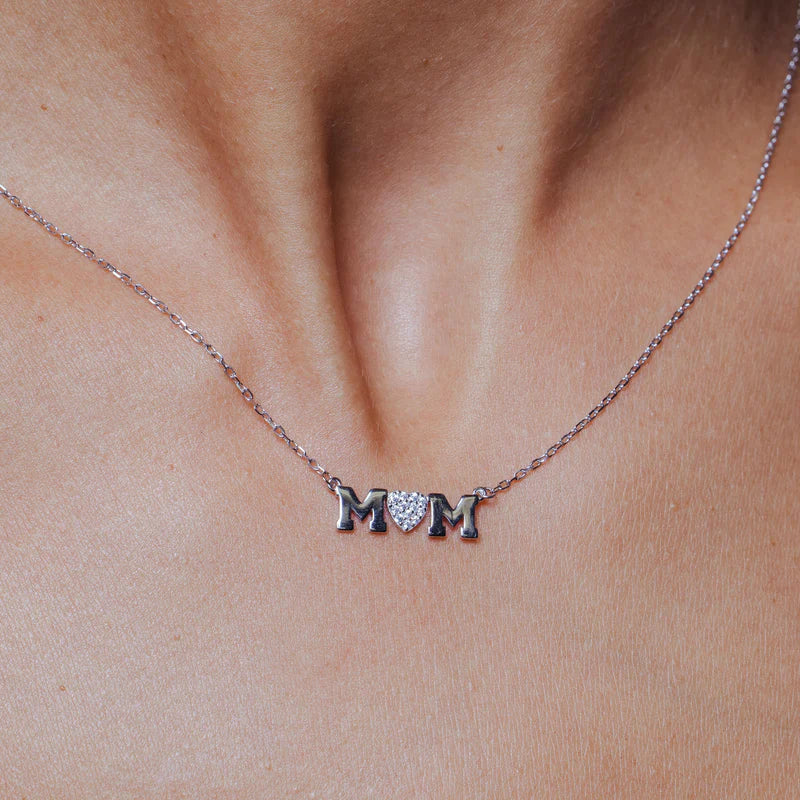 925 Sterling Silver Mom with CZ Studded Heart Center Pendant Necklace