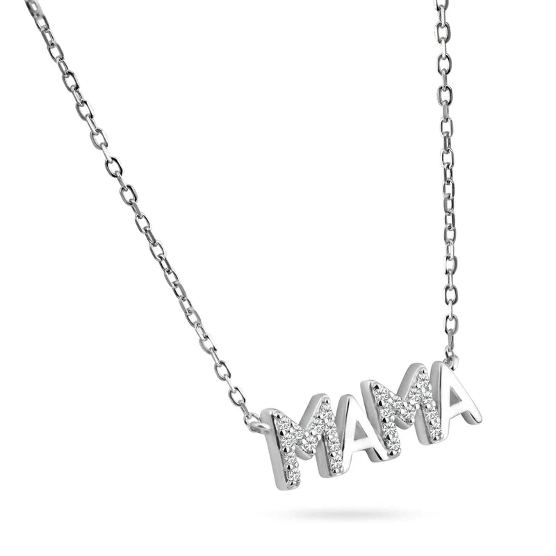 925 Sterling Silver Mama with CZ Studded M Pendant Necklace