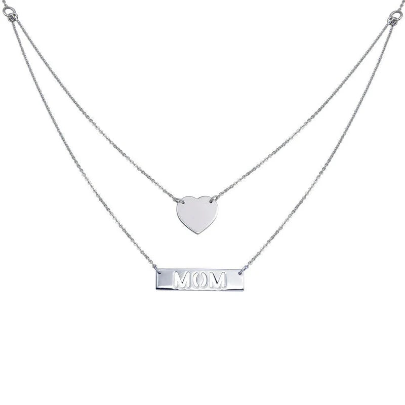 925 Sterling Silver Double Chain Heart and "Mom" Pendant Necklace