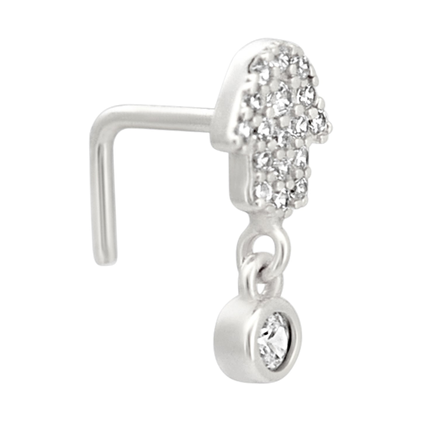 Sterling Silver Hamsa Hand with Dangling CZ L-Shaped Nose Ring