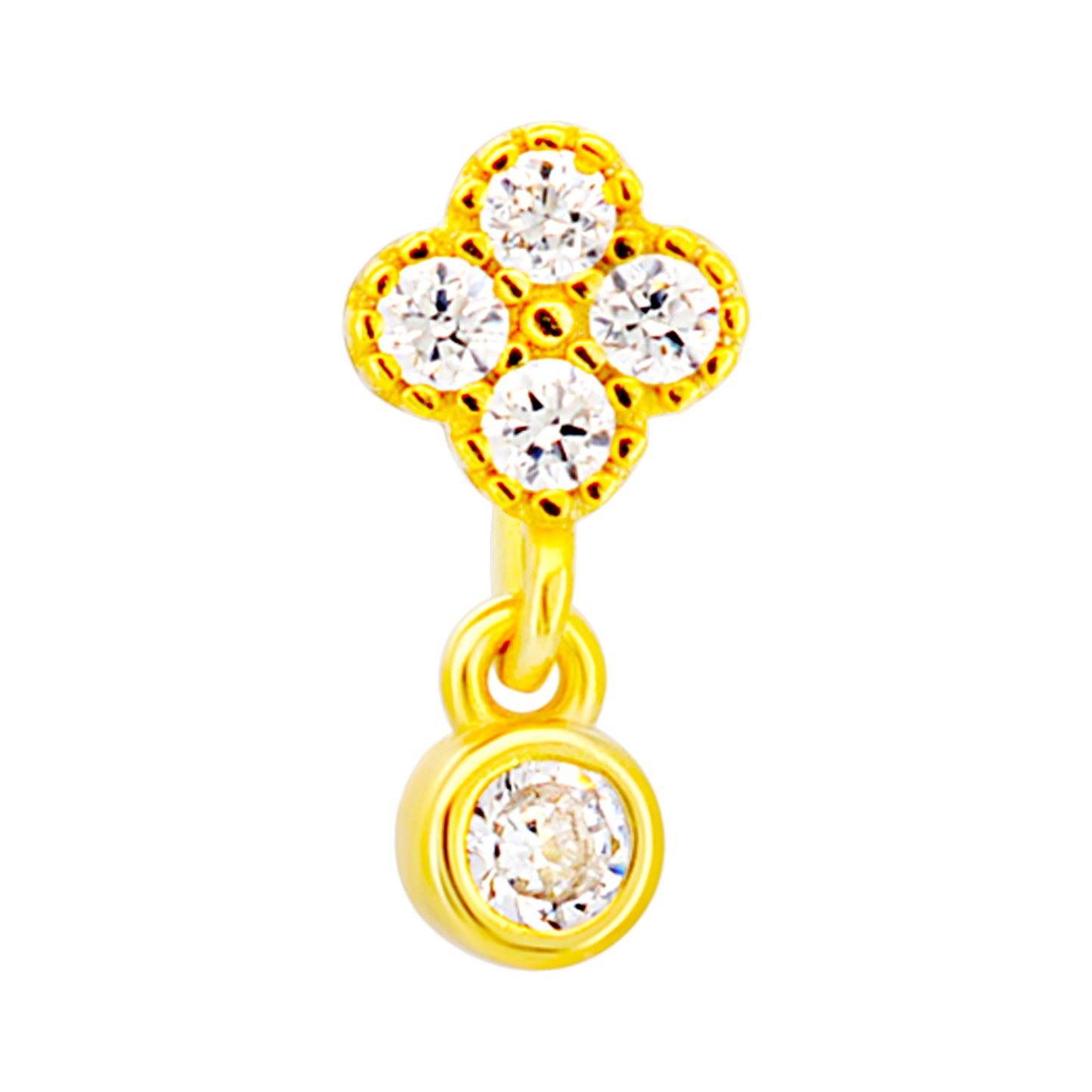 Sterling Silver Four Leaf Clover Dangling CZ L-Shaped Nose Ring