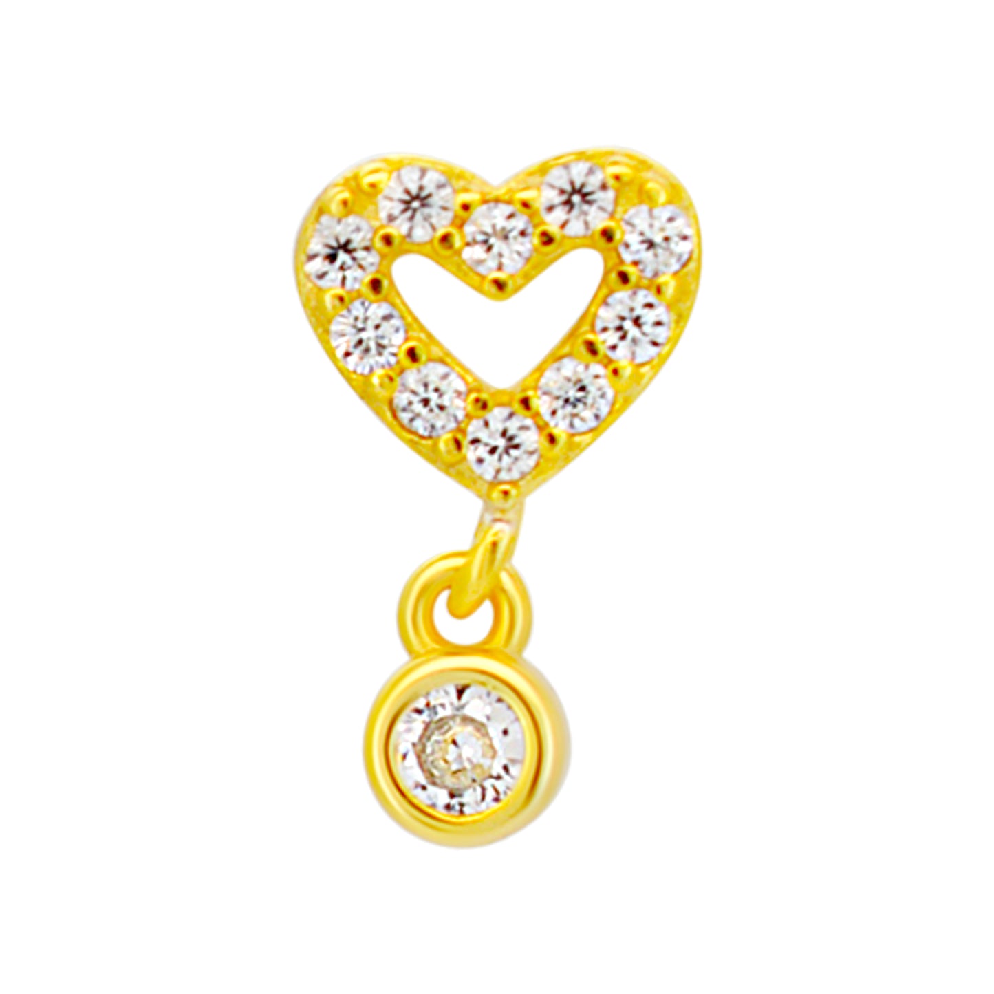 Sterling Silver Hollow CZ Studded Heart Dangling CZ L-Shaped Nose Ring