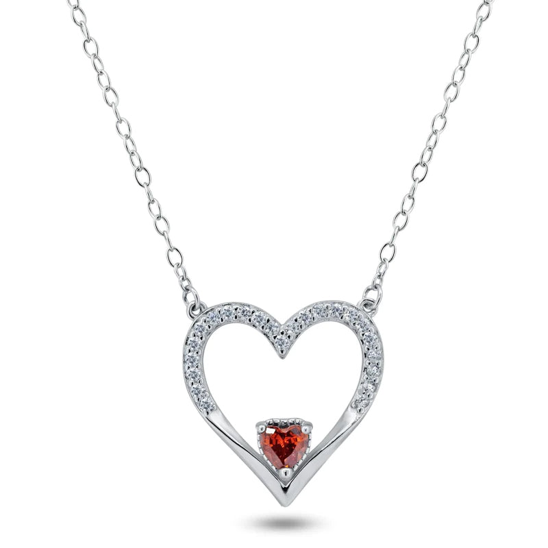 925 Sterling Silver Hollow Heart with Red Heart Center Pendant Necklace