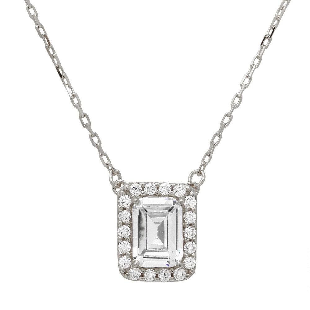 925 Sterling Silver Baguette CZ Halo Pendant Necklace