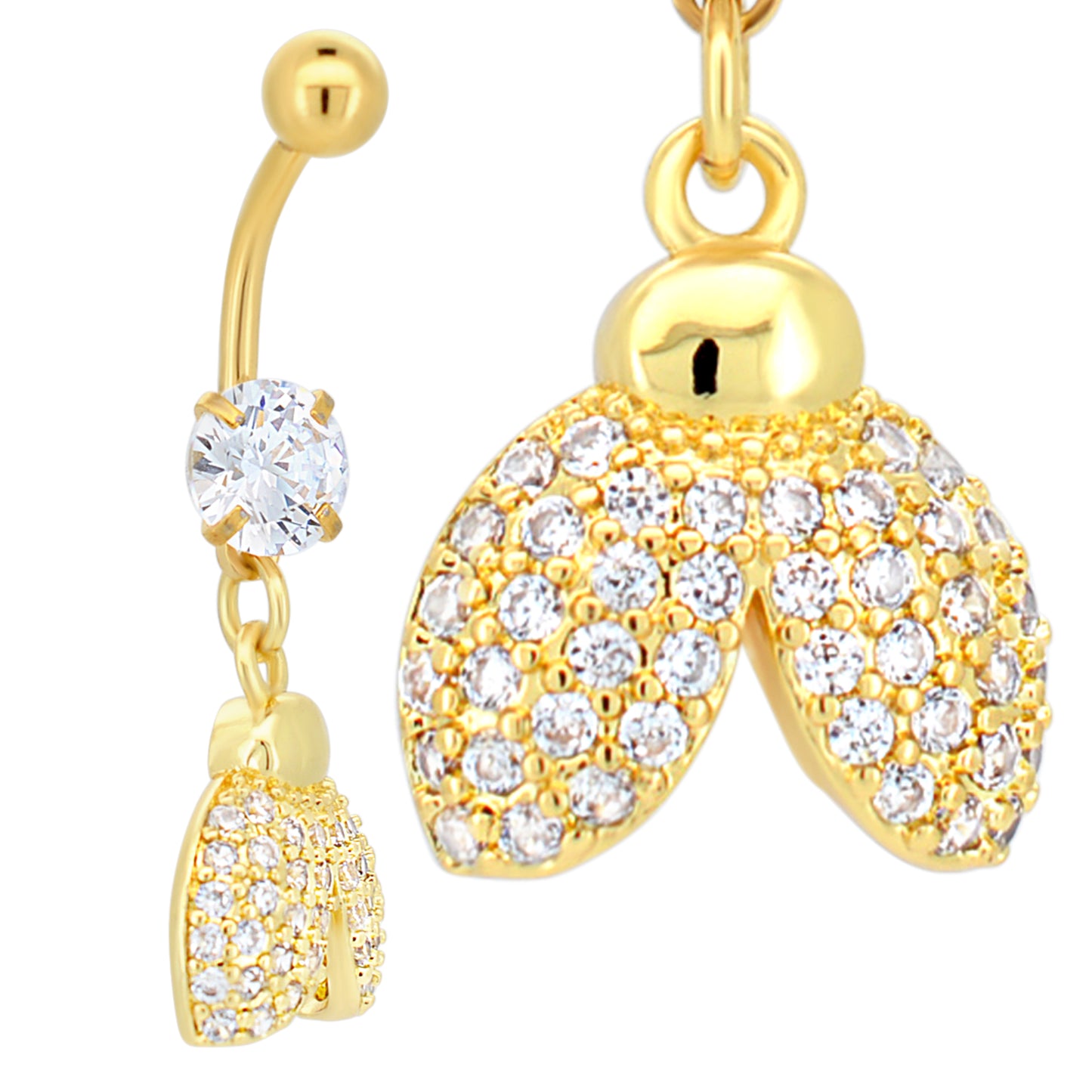 316L Stainless Steel Belly Button Ring with Lady Bug and Pearl Dangle, Pearl Belly Button Ring with Lady Bug Dangle, CZ Belly Piercing in Stainless Steel