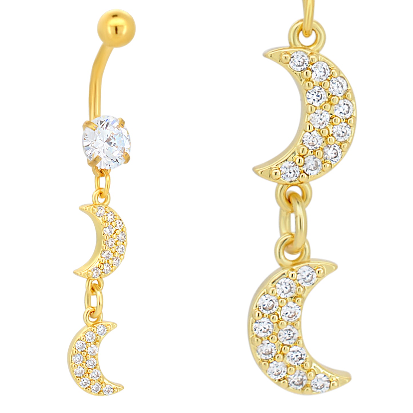 Stainless Steel Moon CZ Belly Button Ring, Celestial Dangle Navel Ring, Two Moons Belly Piercing, Navel Jewelry Gift