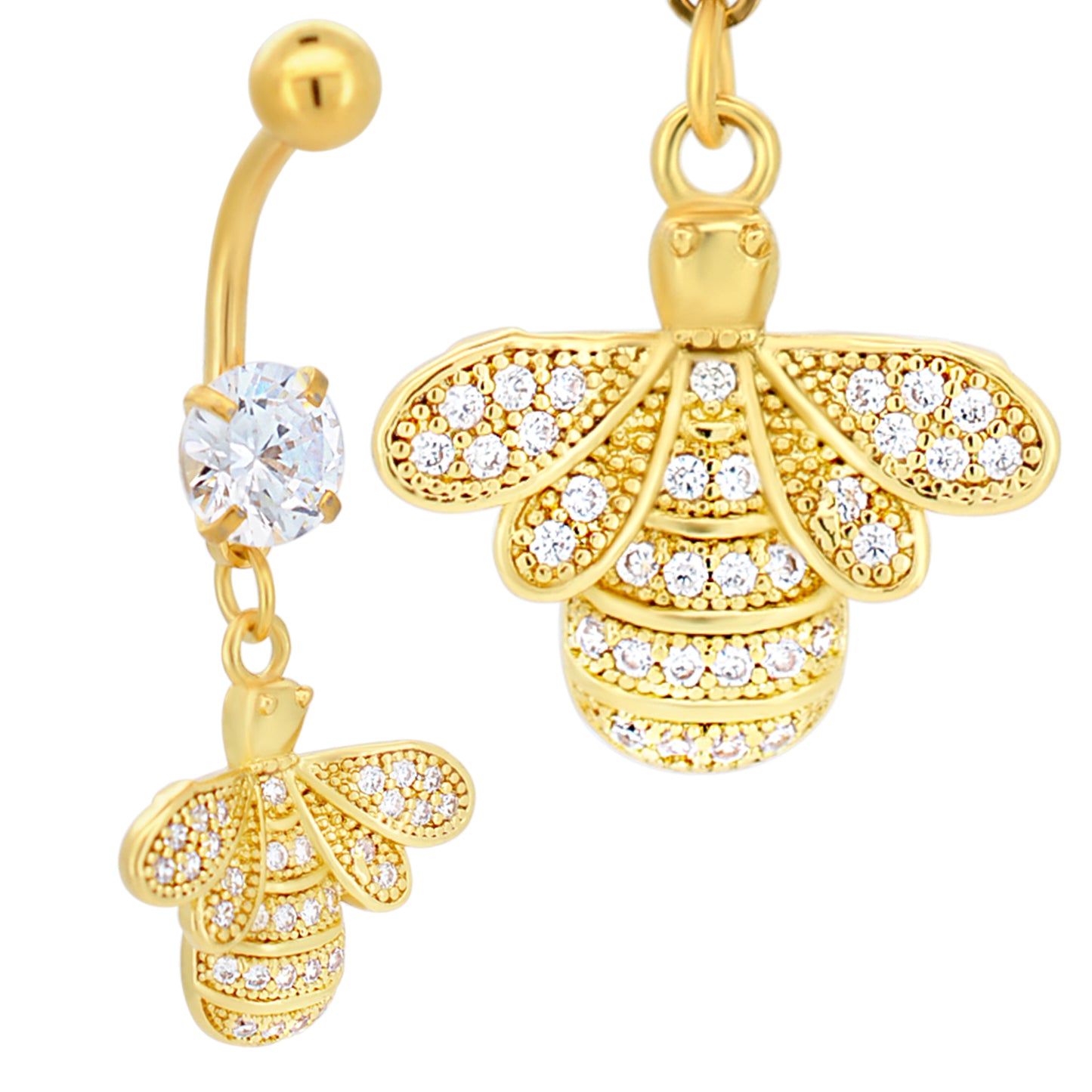 Dangling Bee Belly Ring with Multi CZ, Stainless Steel Navel Ring, Cute Bee Belly Button Jewelry