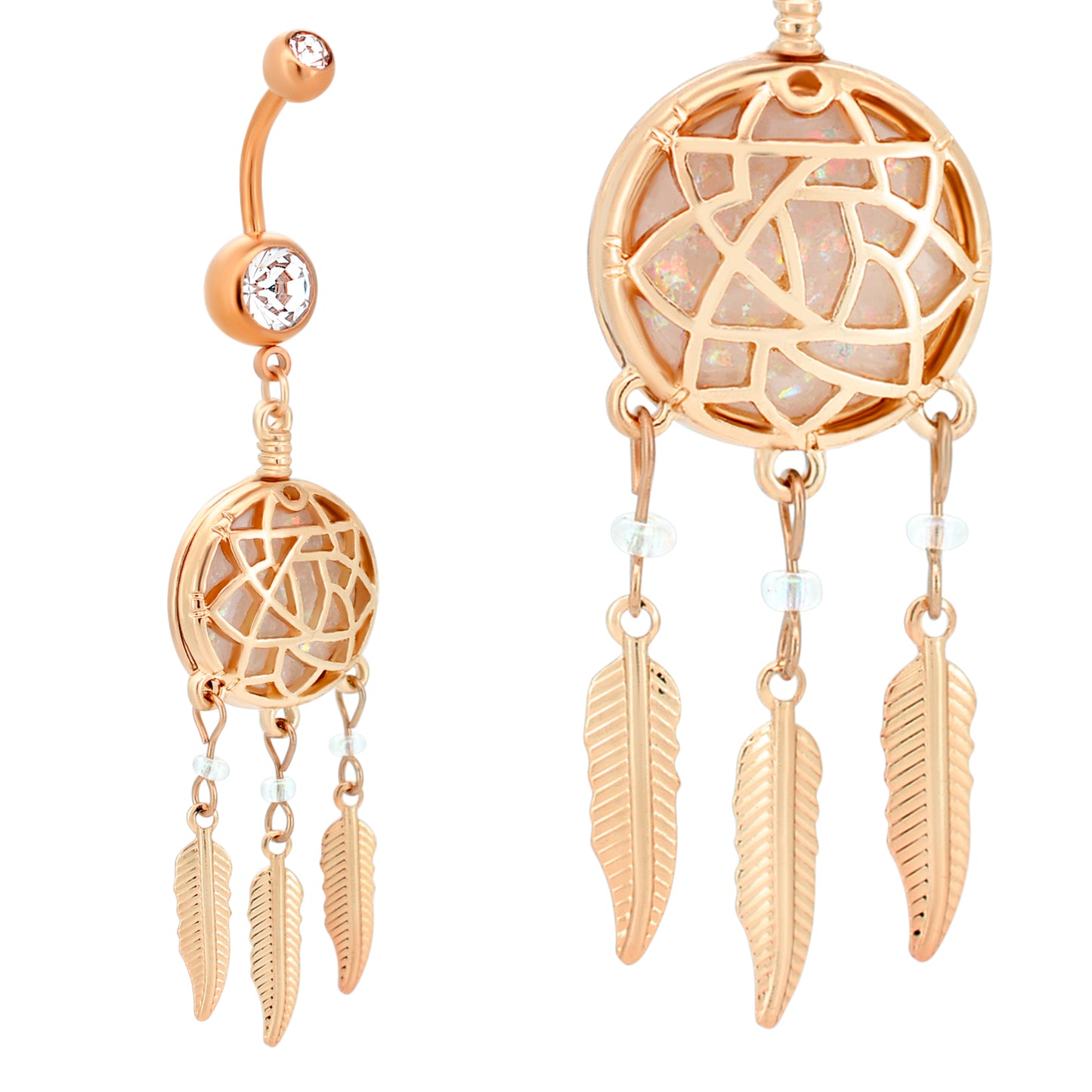 Dangling Opal Dreamcatcher Belly Button Ring, Stainless Steel Navel Jewelry, Bohemian Body Piercing