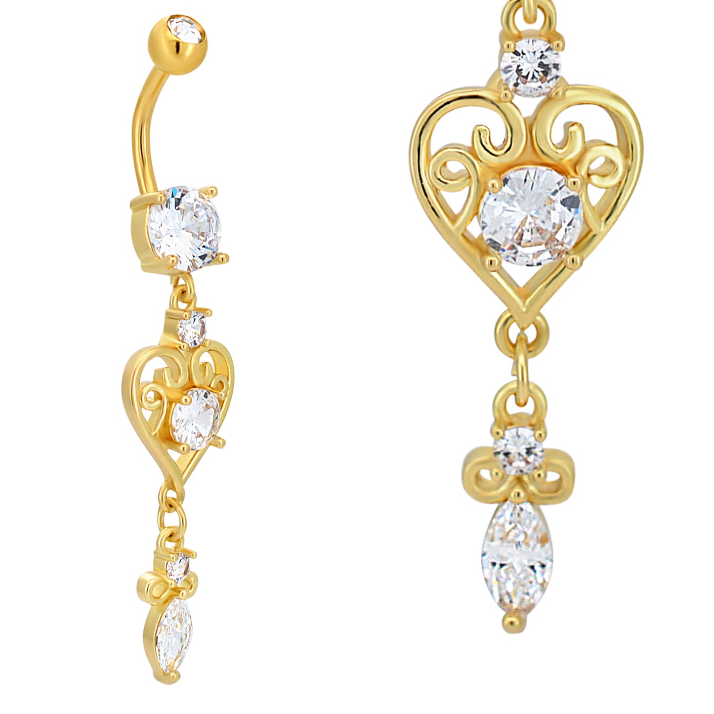 Stainless Steel Zircon Dangle Belly Ring, Heart Design, Ornate Zircon Navel Piercing, Body Jewelry