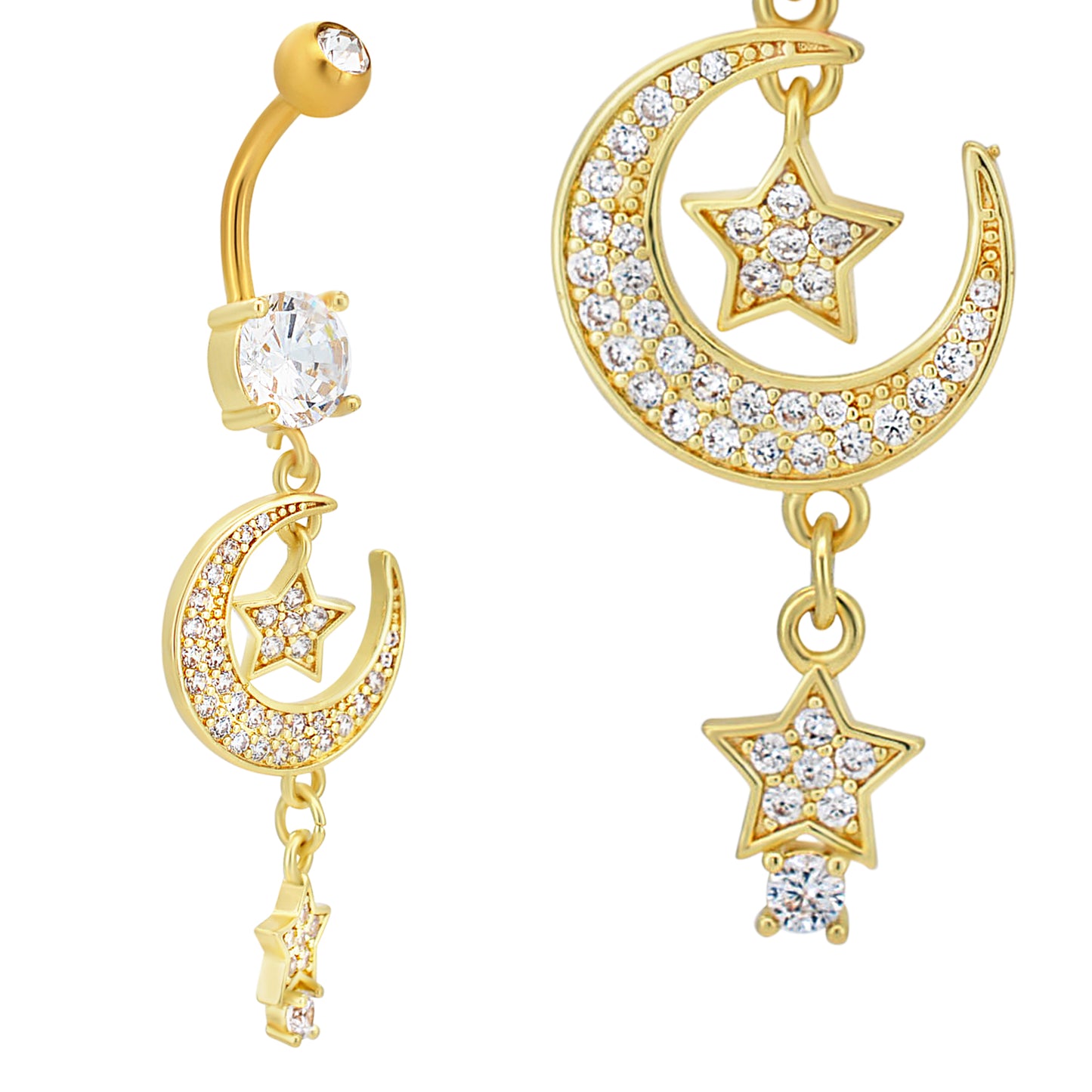 Stainless Steel Zircon Moon Stars Belly Ring, Dangling Navel Piercing Jewelry, Stainless Steel Zircon Body Jewelry