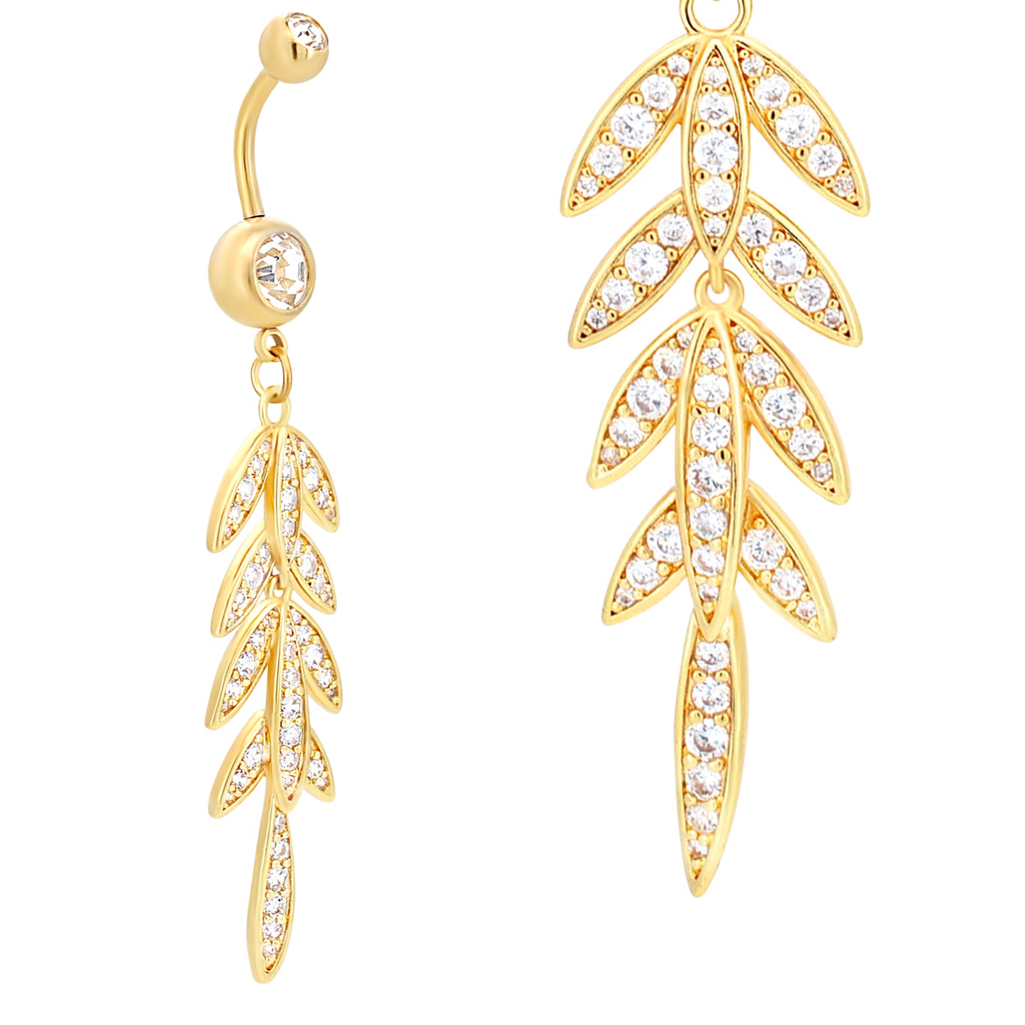 Leaf Dangling Laurel Belly Ring, Stainless Steel Navel Piercing, Zircon Belly Button Ring