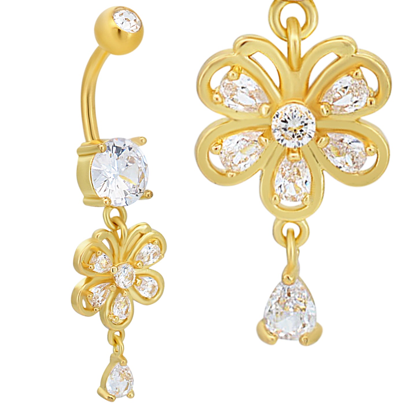 Stainless Steel Zircon Belly Ring, Dangling Flower & Pear Shaped Zircon, Navel Piercing Jewelry
