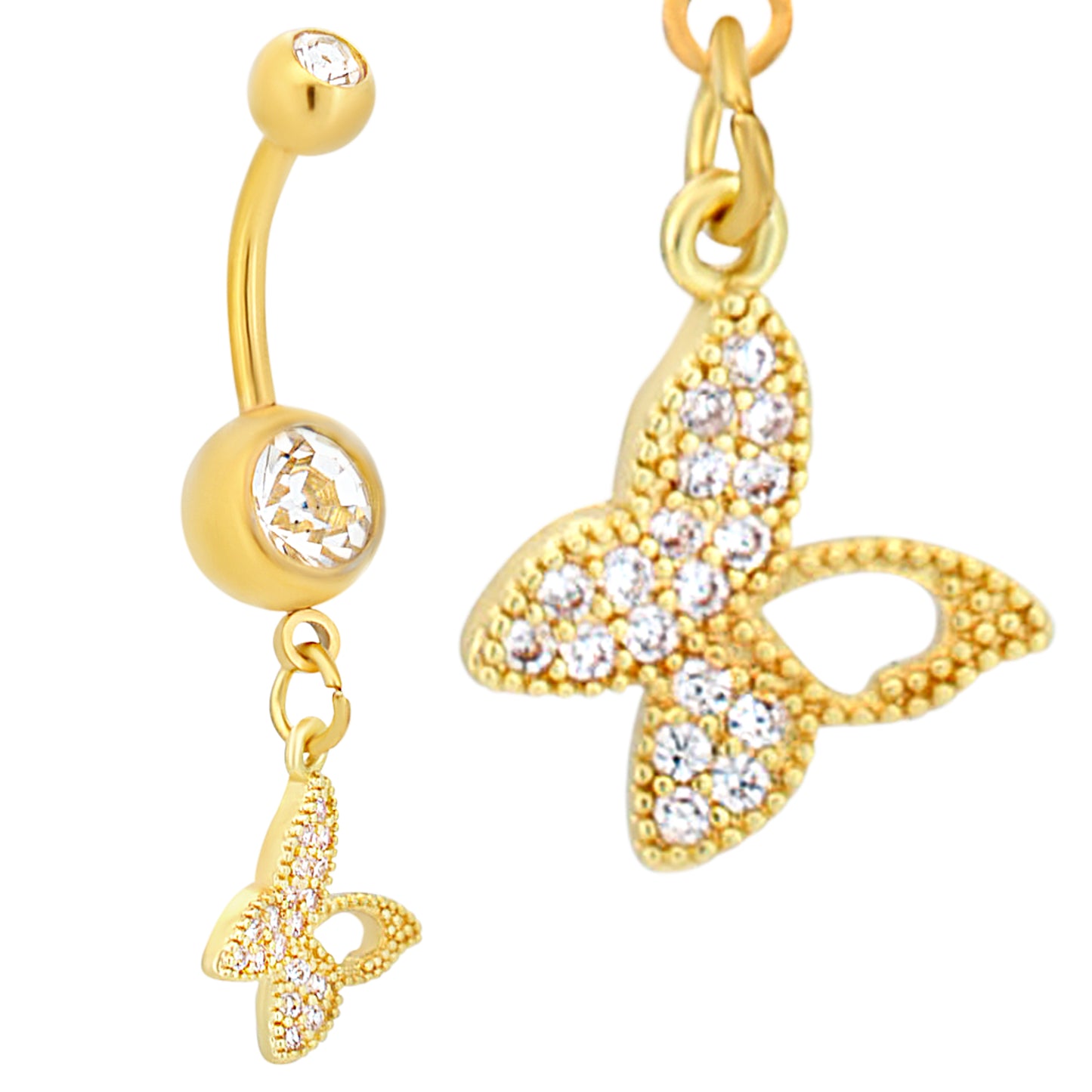 316L Stainless Steel Butterfly Belly Ring with Zircon Bezel Setting, Round Zircon Dangle Navel Ring