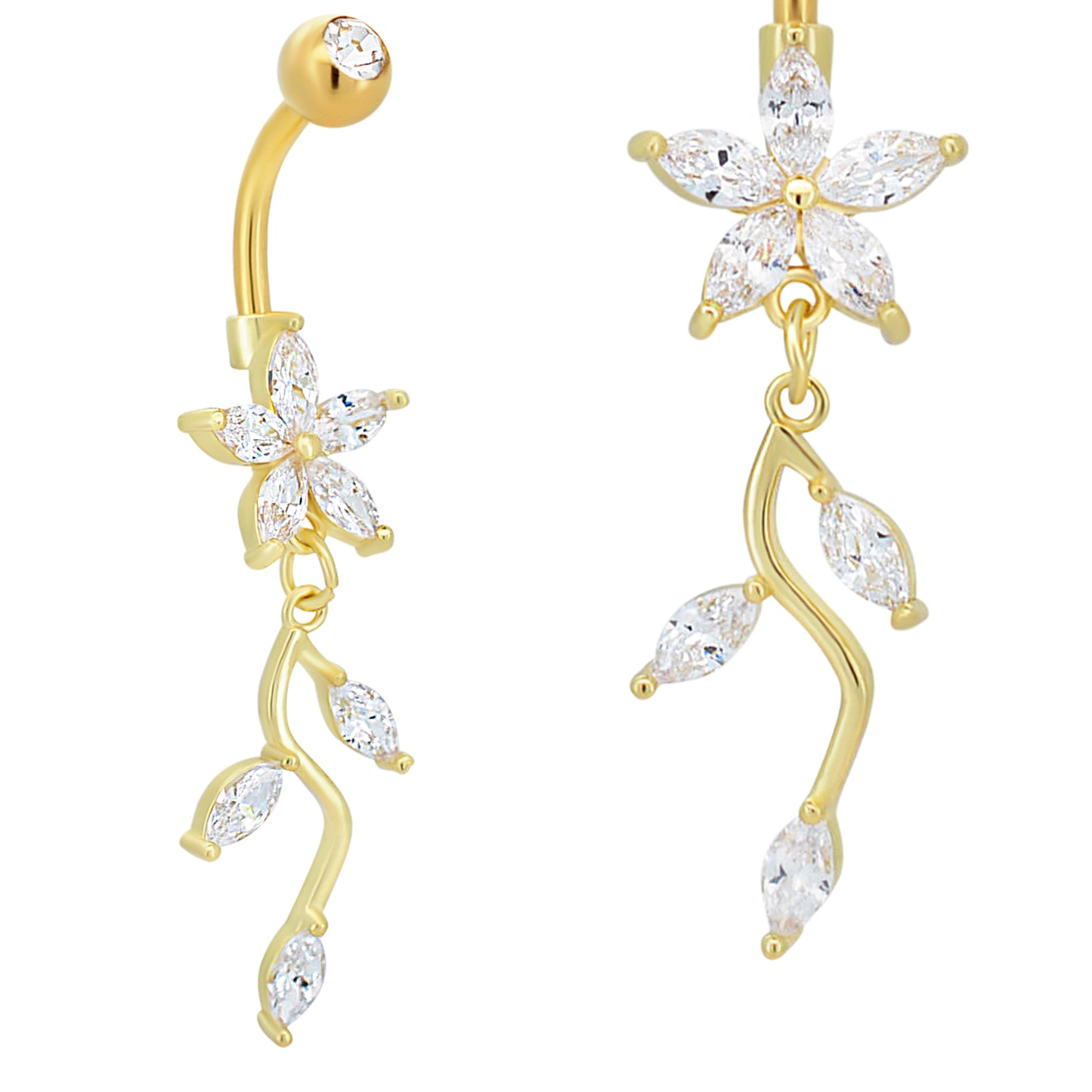 Stylish 316L Stainless Steel Flower Belly Ring with Dangling Vine and Zircon, Eye-Catching Navel Jewelry